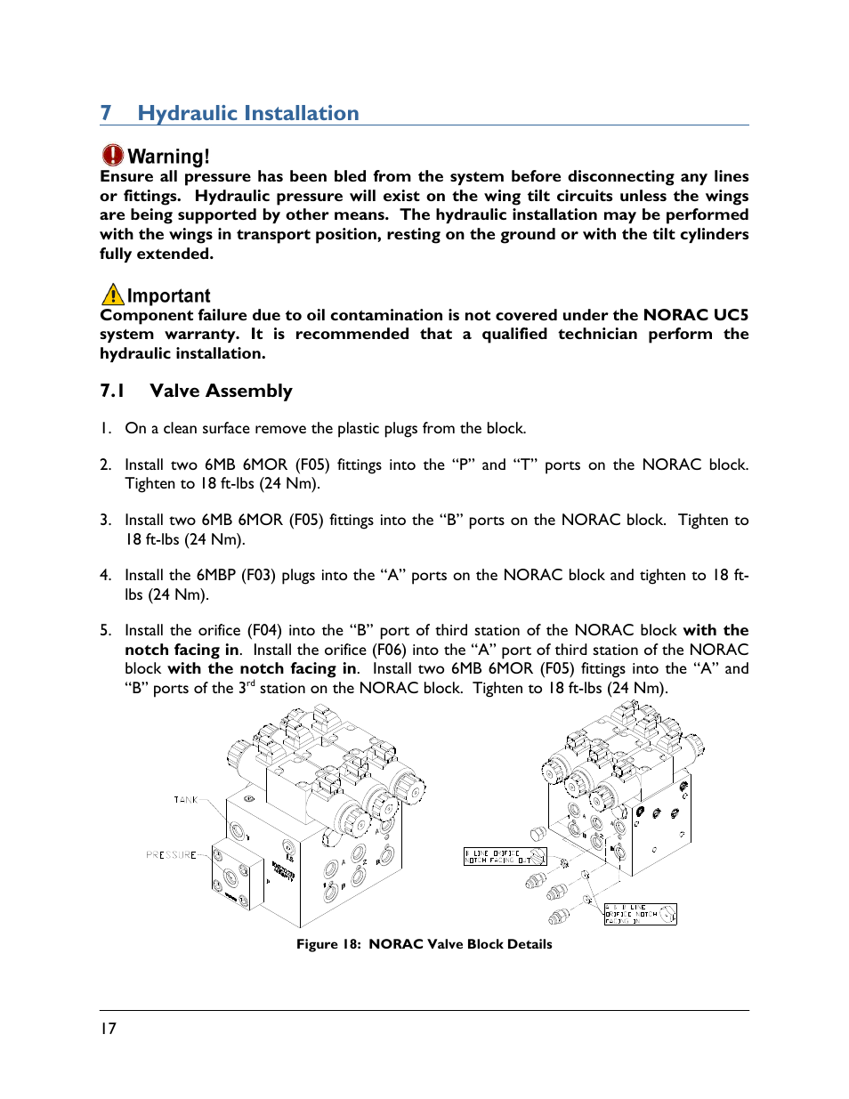 7 hydraulic installation, 1 valve assembly | NORAC UC5-BC-HD08A User Manual | Page 20 / 37