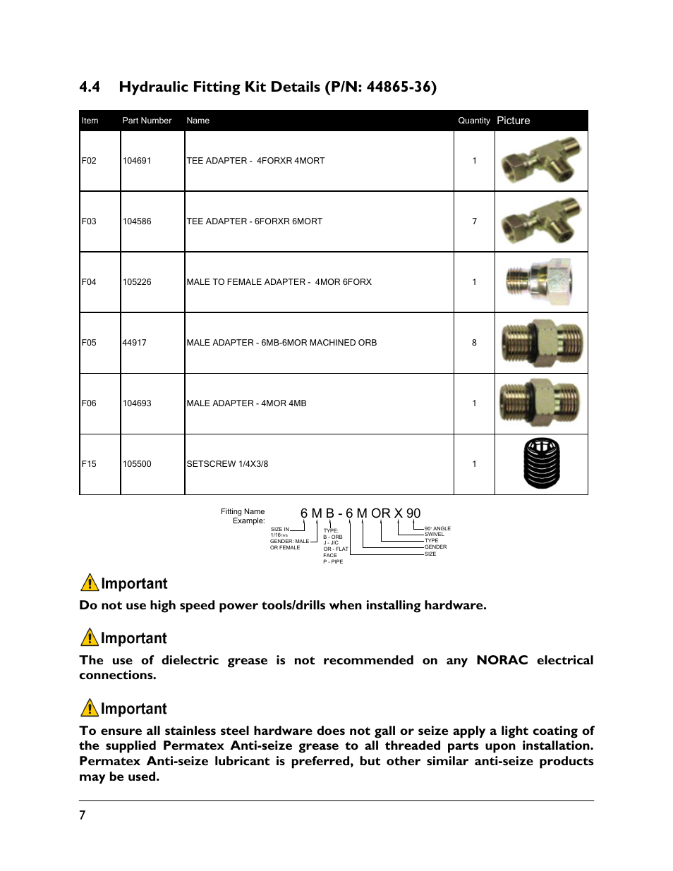 4 hydraulic fitting kit details (p/n: 44865-36), 6 m b - 6 m or x 90 | NORAC UC5-BC-JD07 User Manual | Page 10 / 40