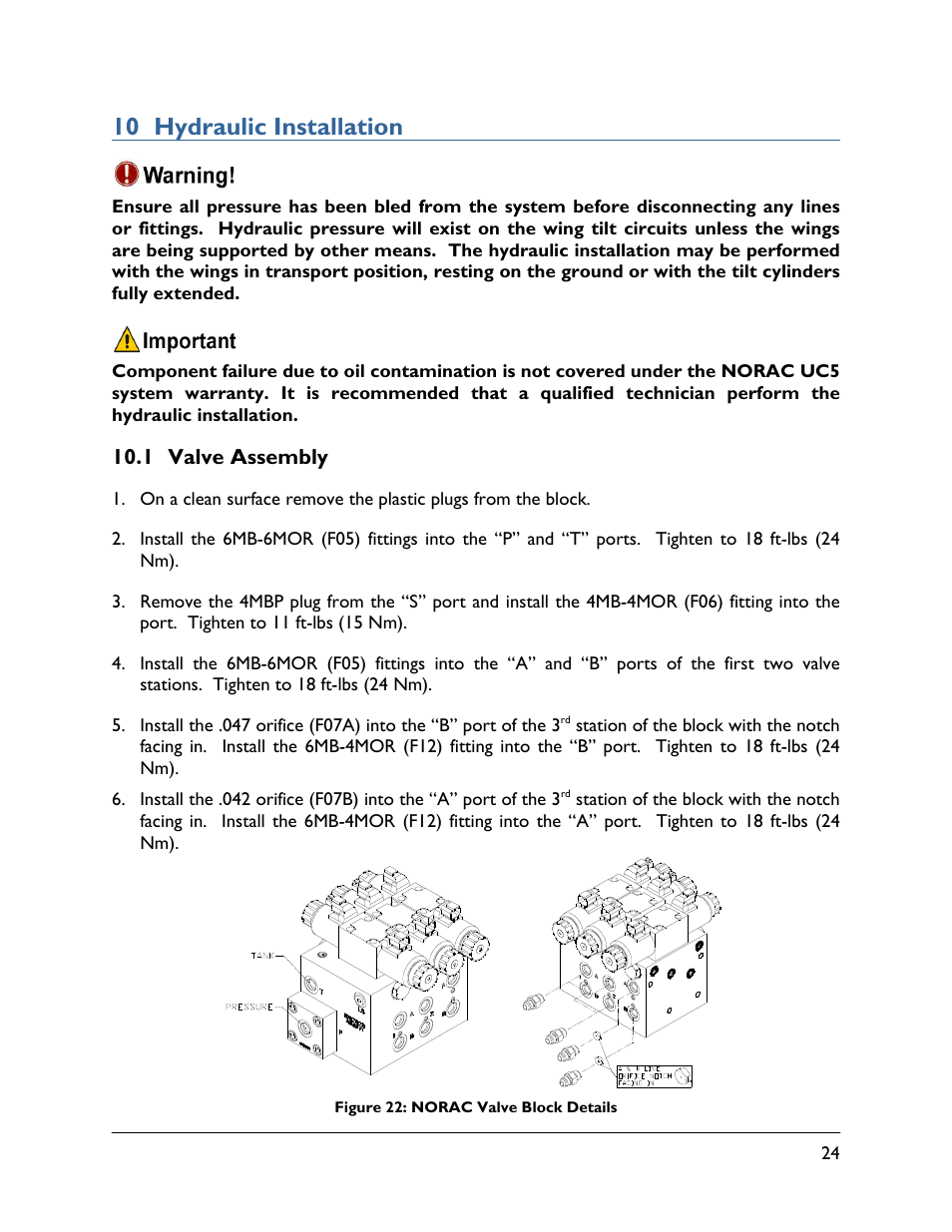 10 hydraulic installation, 1 valve assembly | NORAC UC5-BC-JD07A User Manual | Page 27 / 49