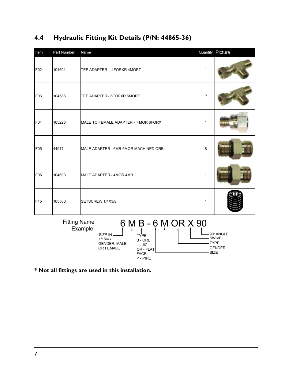 4 hydraulic fitting kit details (p/n: 44865-36), 6 m b - 6 m or x 90 | NORAC UC5-BC-JD08 User Manual | Page 10 / 38