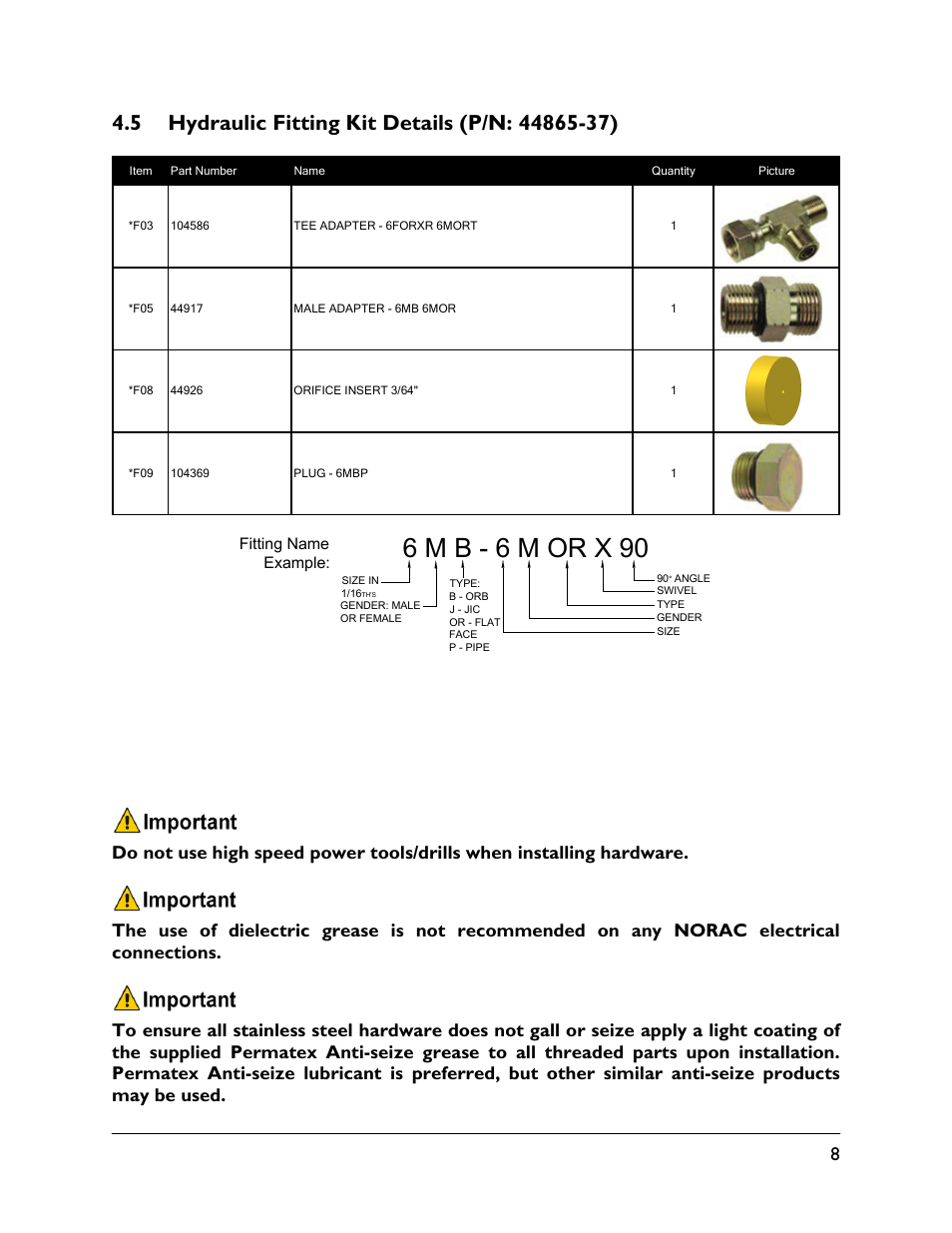5 hydraulic fitting kit details (p/n: 44865-37), 6 m b - 6 m or x 90 | NORAC UC5-BC-JD10 User Manual | Page 11 / 39