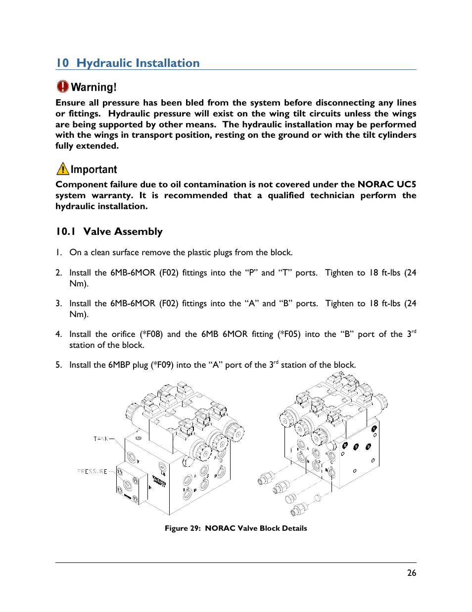 10 hydraulic installation, 1 valve assembly | NORAC UC5-BC-JD10 User Manual | Page 29 / 39