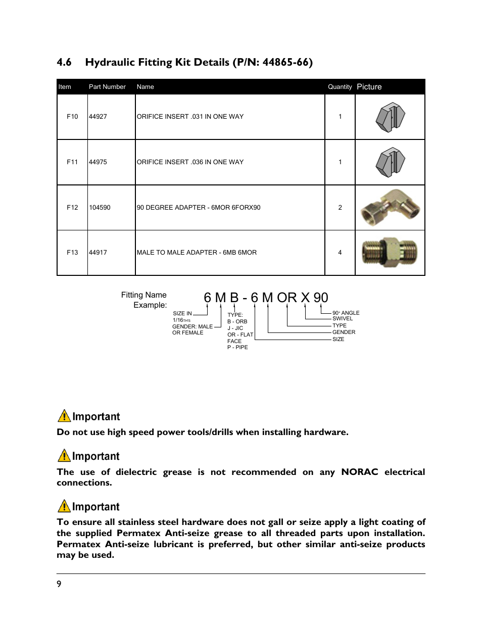 6 hydraulic fitting kit details (p/n: 44865-66), 6 m b - 6 m or x 90 | NORAC UC5-BC-JD10A User Manual | Page 12 / 44