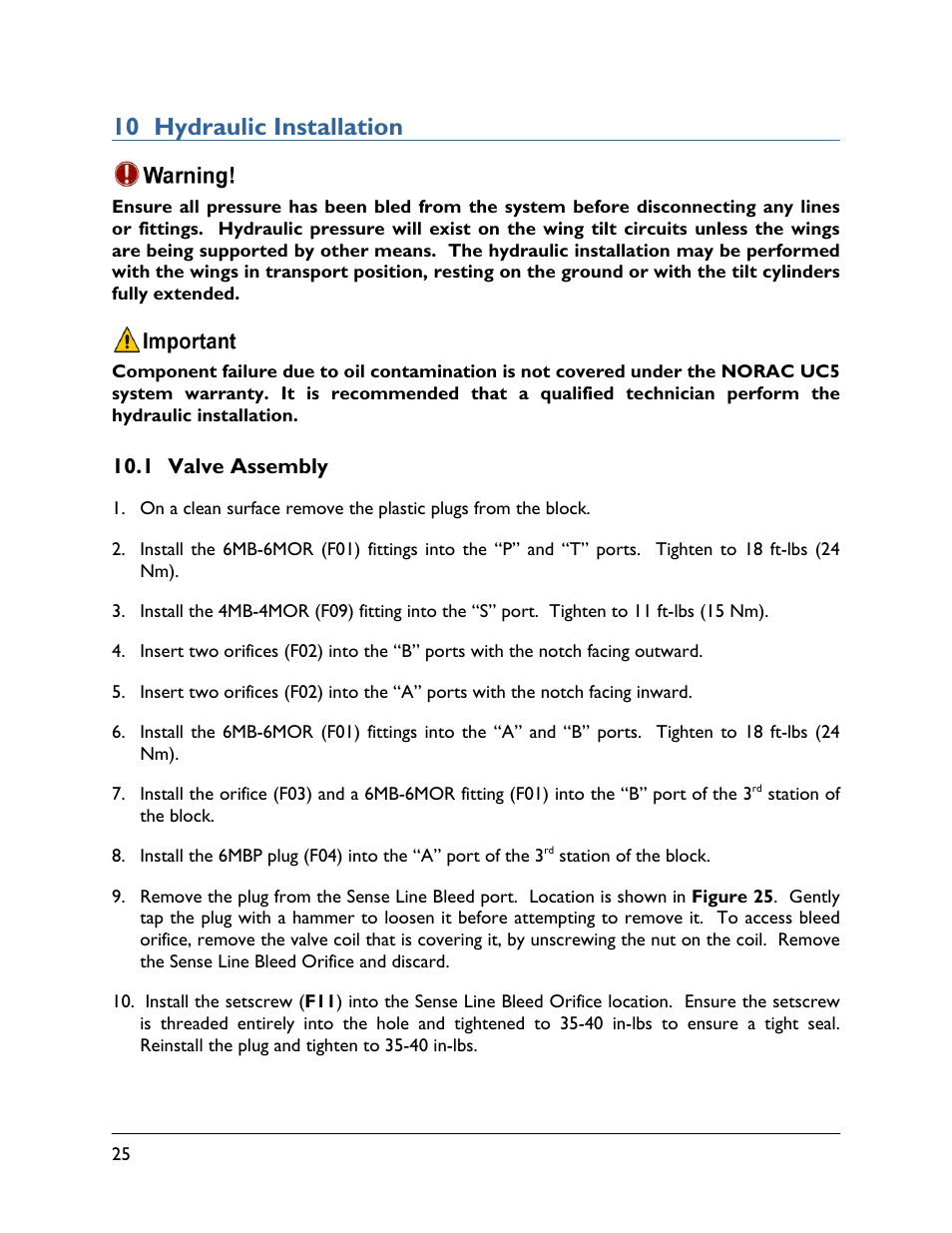 10 hydraulic installation, 1 valve assembly | NORAC UC5-BC-JD12 User Manual | Page 28 / 44