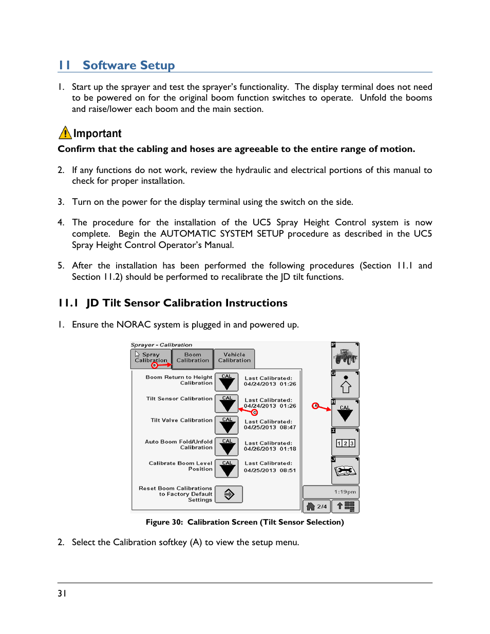 11 software setup, 1 jd tilt sensor calibration instructions | NORAC UC5-BC-JD12 User Manual | Page 34 / 44