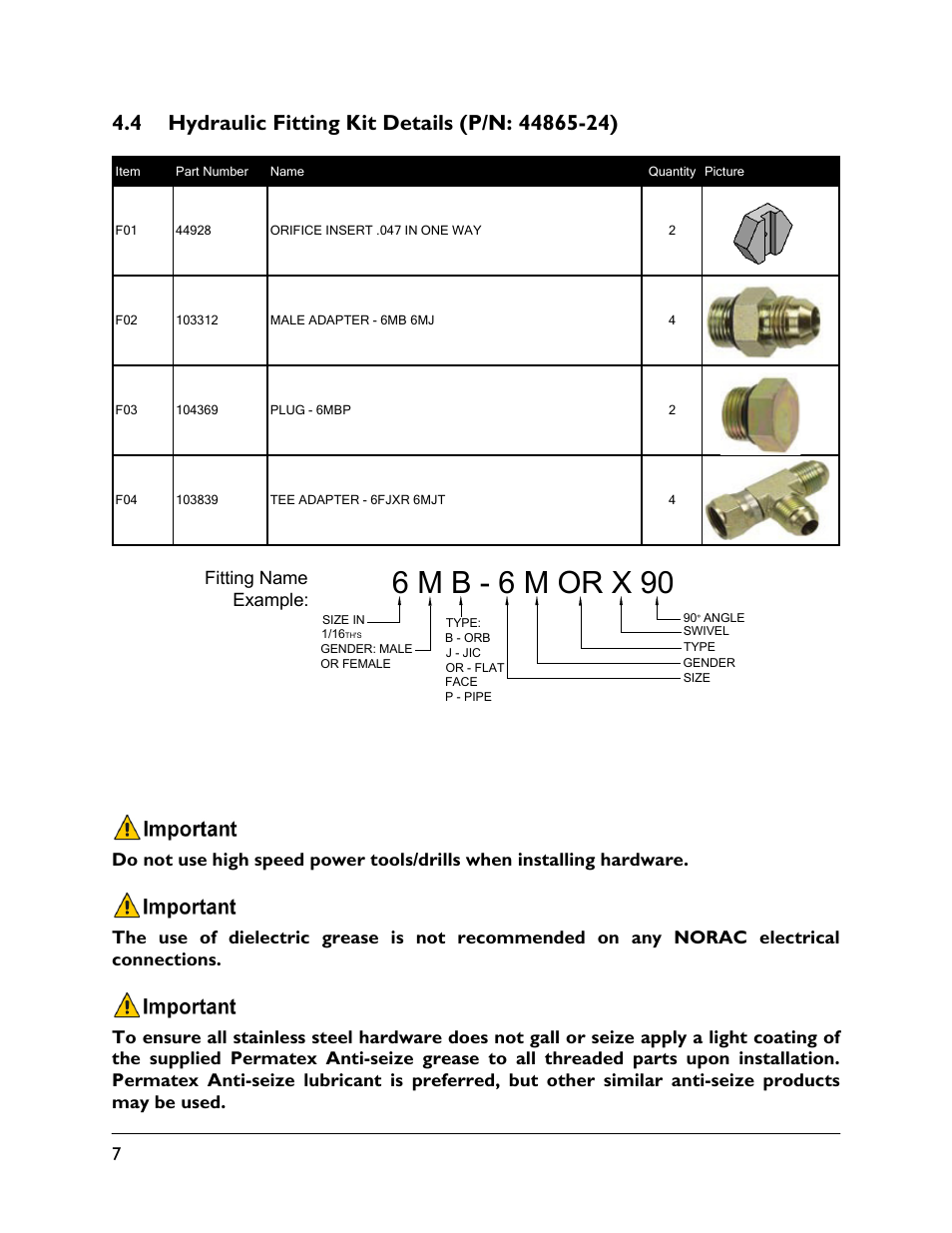 4 hydraulic fitting kit details (p/n: 44865-24), 6 m b - 6 m or x 90 | NORAC UC5-BC-RB01 User Manual | Page 10 / 34