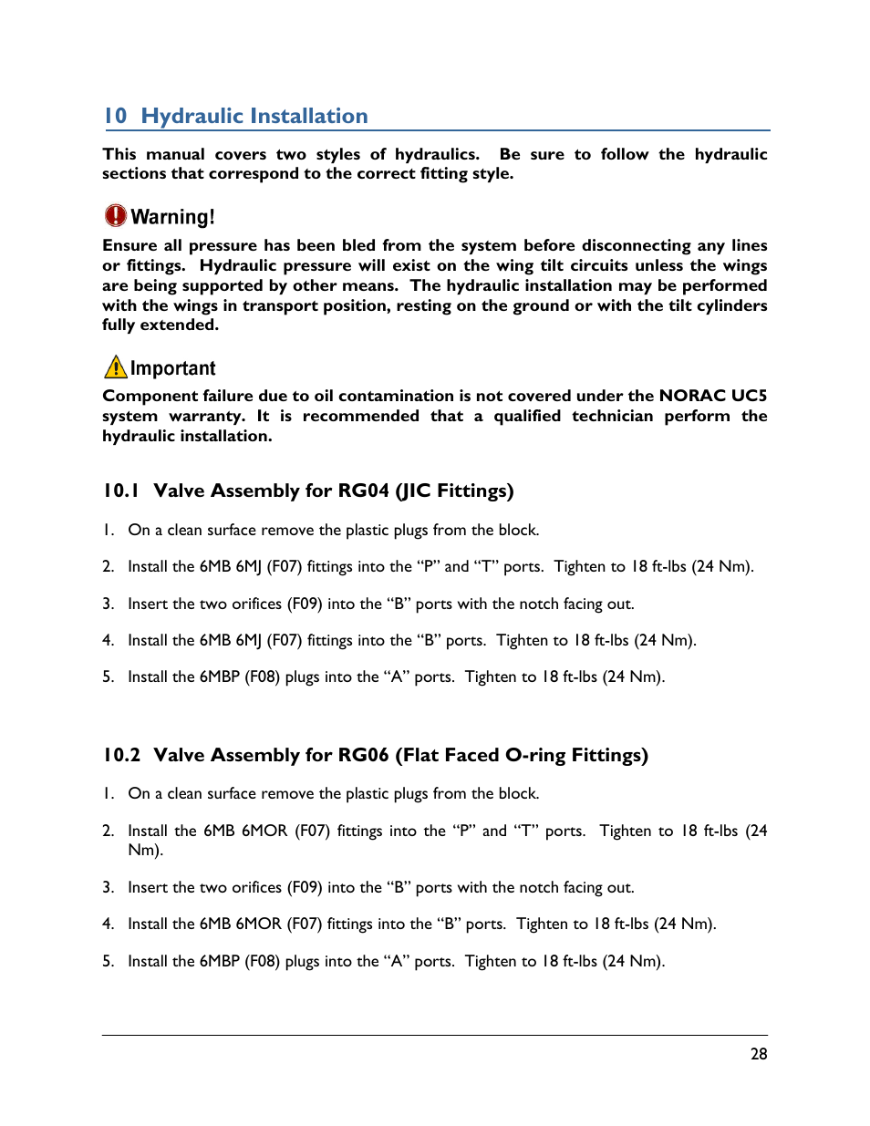 10 hydraulic installation, 1 valve assembly for rg04 (jic fittings) | NORAC UC5-BC-RG06 User Manual | Page 31 / 44