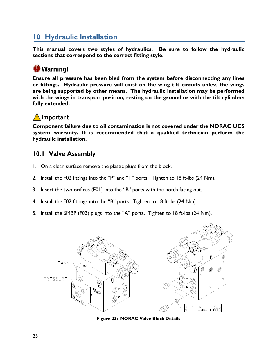 10 hydraulic installation, 1 valve assembly | NORAC UC5-BC-RG07 User Manual | Page 26 / 36