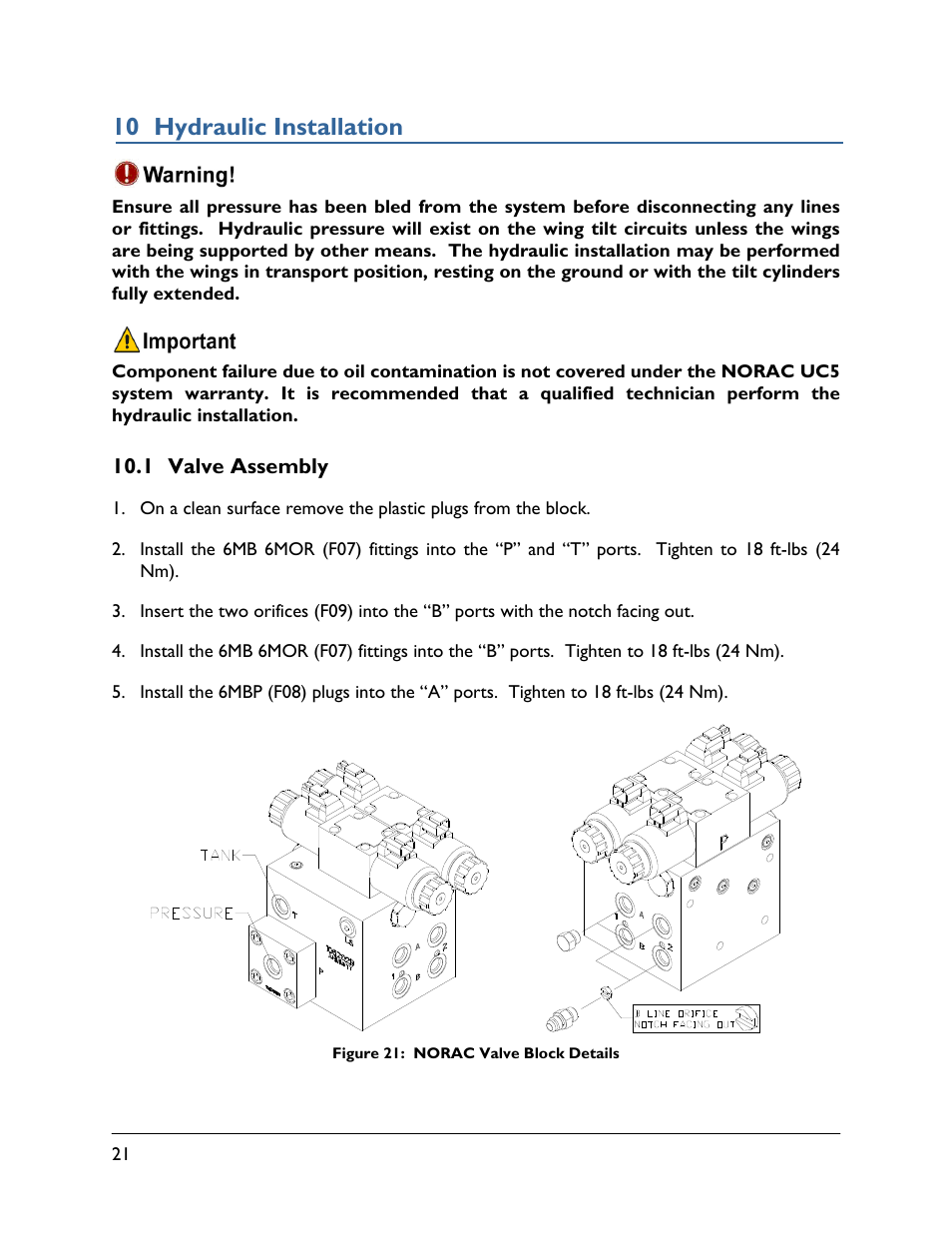 10 hydraulic installation, 1 valve assembly | NORAC UC5-BC-RG10 User Manual | Page 24 / 31