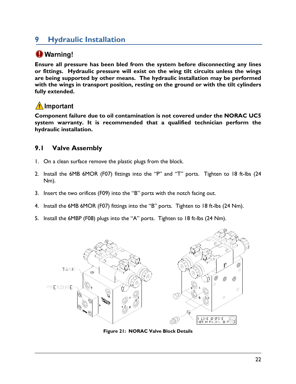 9 hydraulic installation, 1 valve assembly | NORAC UC5-BC-RG11 User Manual | Page 25 / 41