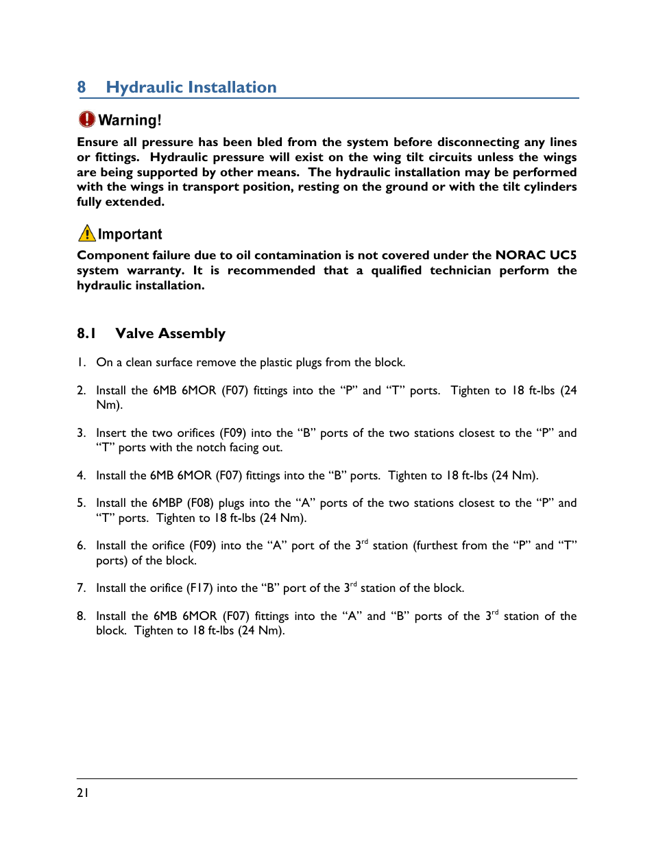 8 hydraulic installation, 1 valve assembly | NORAC UC5-BC-RG12 User Manual | Page 24 / 41