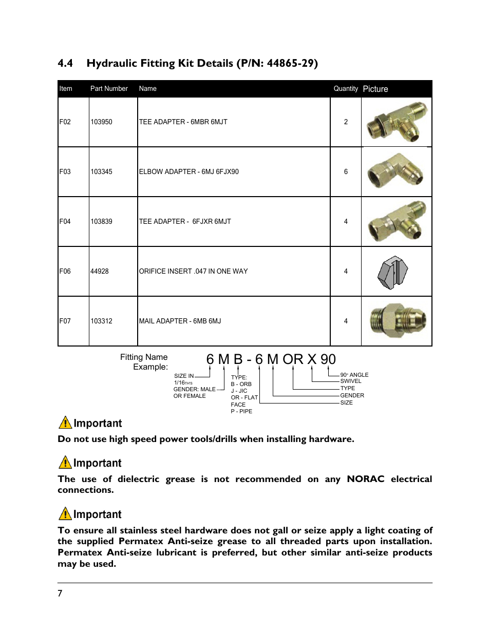 4 hydraulic fitting kit details (p/n: 44865-29), 6 m b - 6 m or x 90 | NORAC UC5-BC-SC01 User Manual | Page 10 / 34