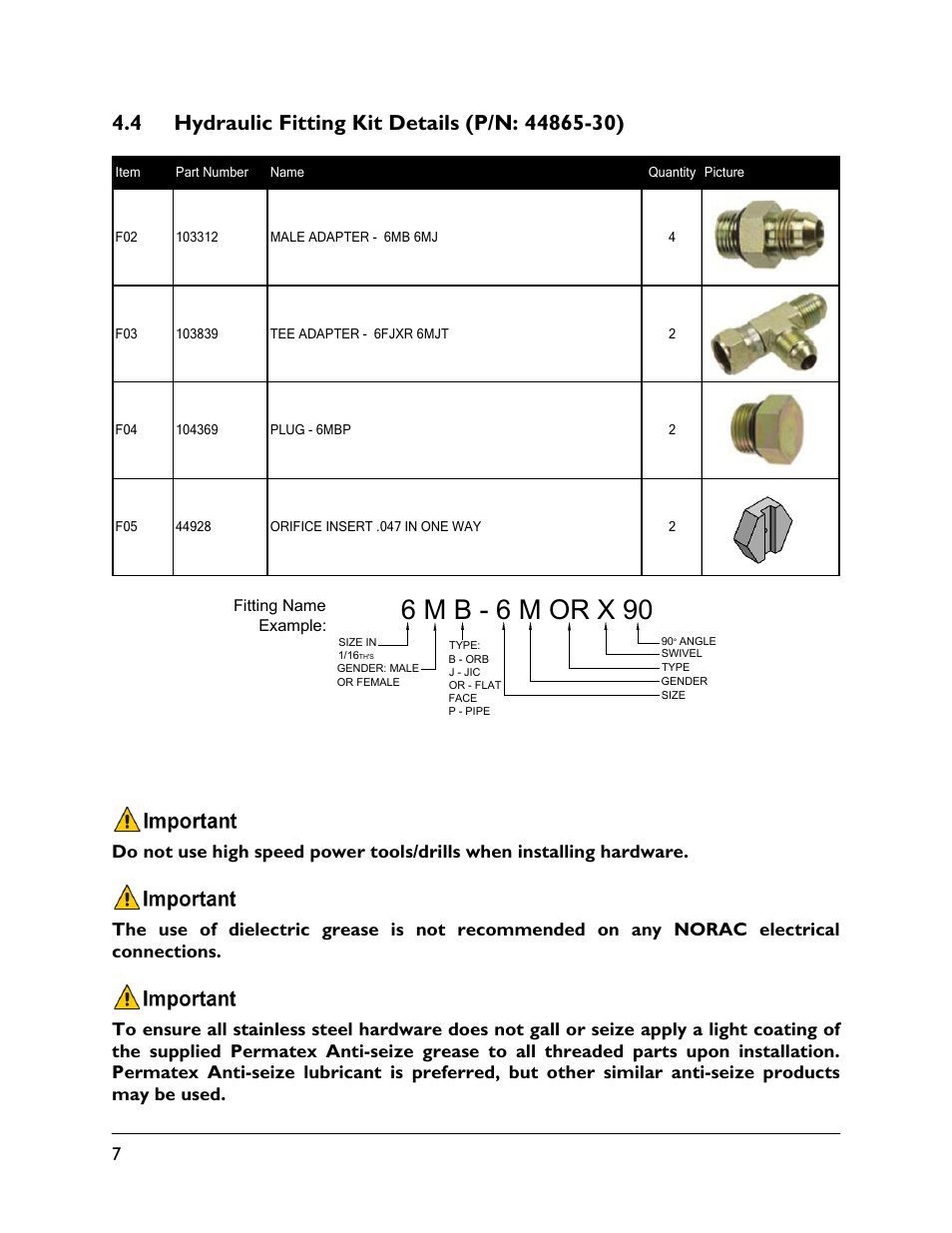 4 hydraulic fitting kit details (p/n: 44865-30), 6 m b - 6 m or x 90 | NORAC UC5-BC-SM02 User Manual | Page 10 / 34