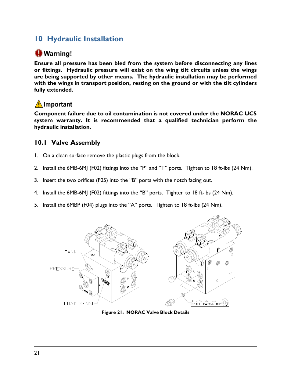 10 hydraulic installation, 1 valve assembly | NORAC UC5-BC-SM02 User Manual | Page 24 / 34