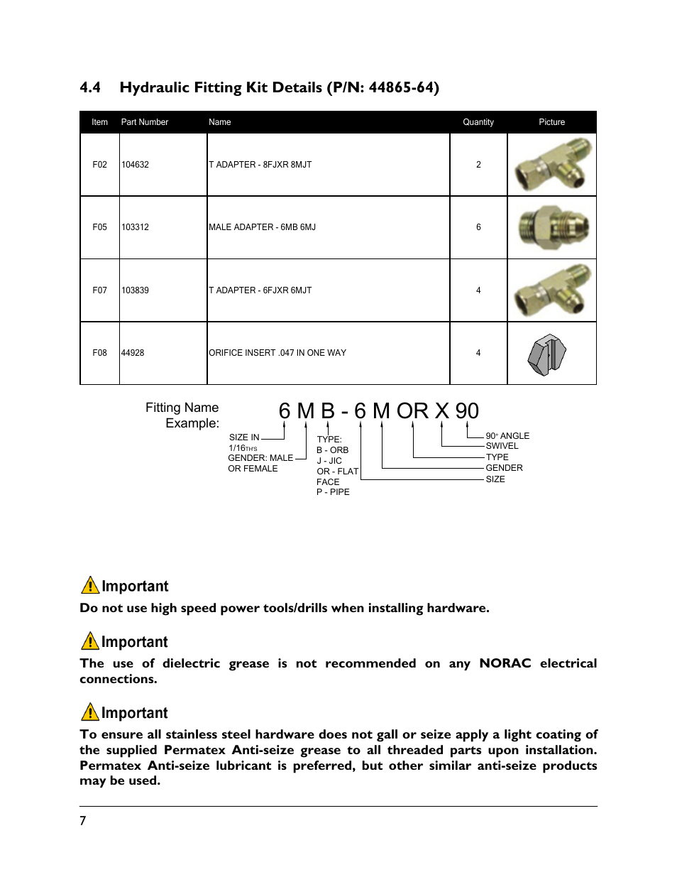 4 hydraulic fitting kit details (p/n: 44865-64), 6 m b - 6 m or x 90 | NORAC UC5-BC-VS01 User Manual | Page 10 / 36