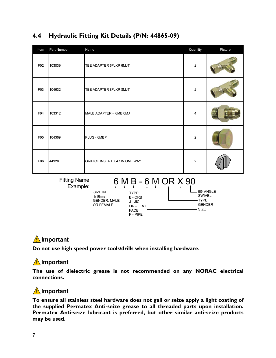 4 hydraulic fitting kit details (p/n: 44865-09), 6 m b - 6 m or x 90 | NORAC UC5-BC-FT01 User Manual | Page 10 / 34