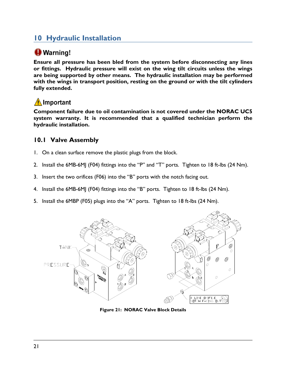 10 hydraulic installation, 1 valve assembly | NORAC UC5-BC-FT01 User Manual | Page 24 / 34