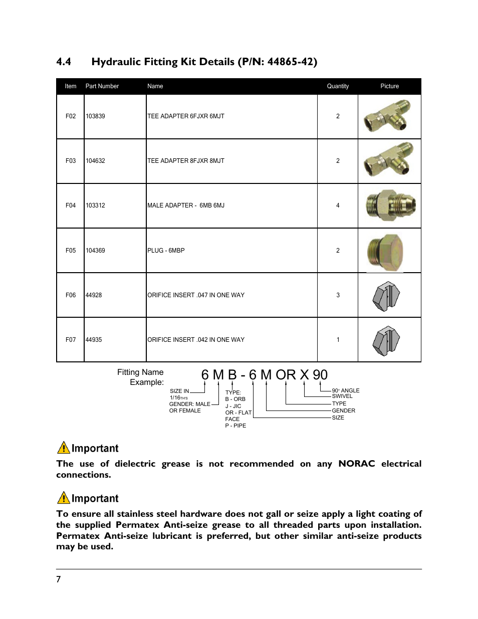 4 hydraulic fitting kit details (p/n: 44865-42), 6 m b - 6 m or x 90 | NORAC UC5-BC-FT02A User Manual | Page 10 / 36