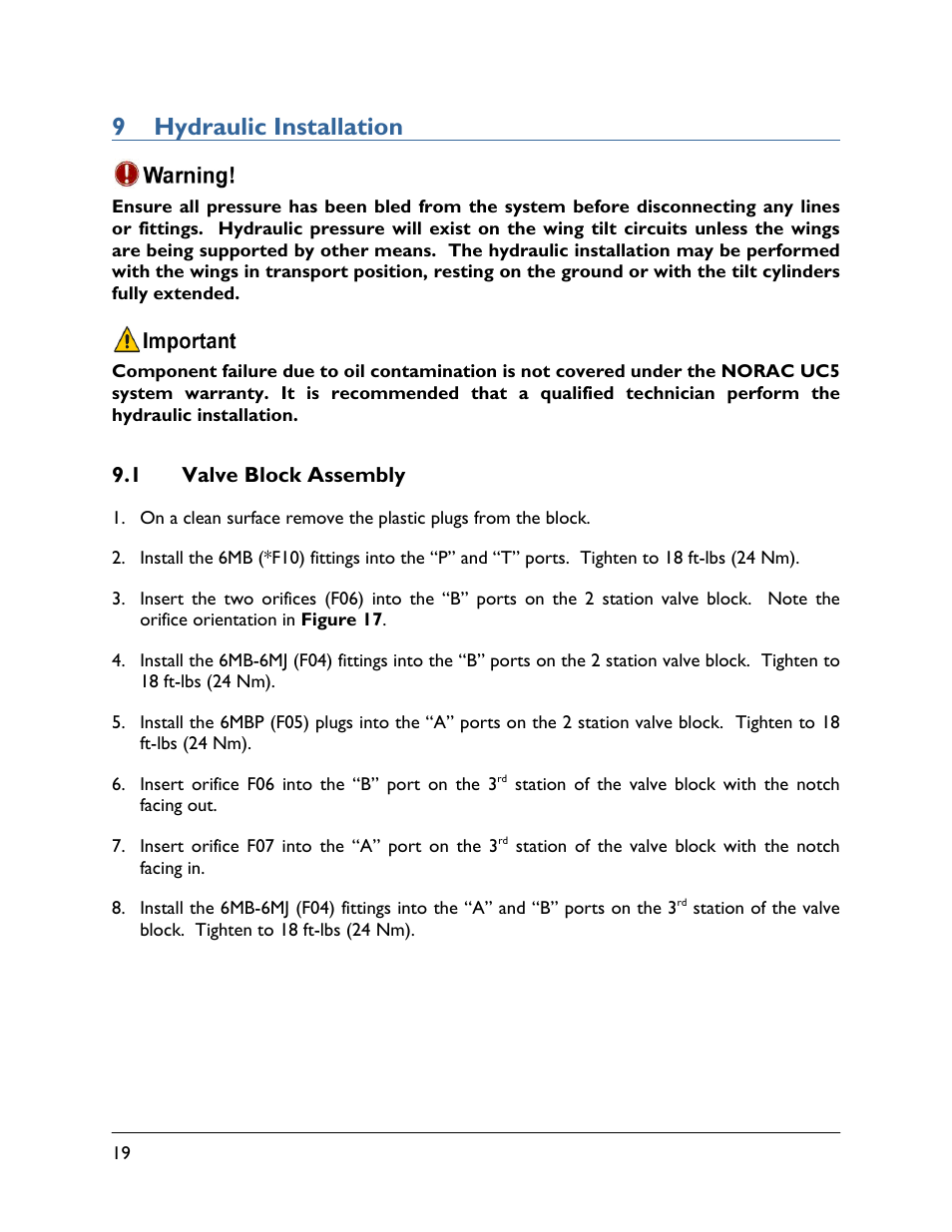 9 hydraulic installation, 1 valve block assembly | NORAC UC5-BC-FT02A User Manual | Page 22 / 36