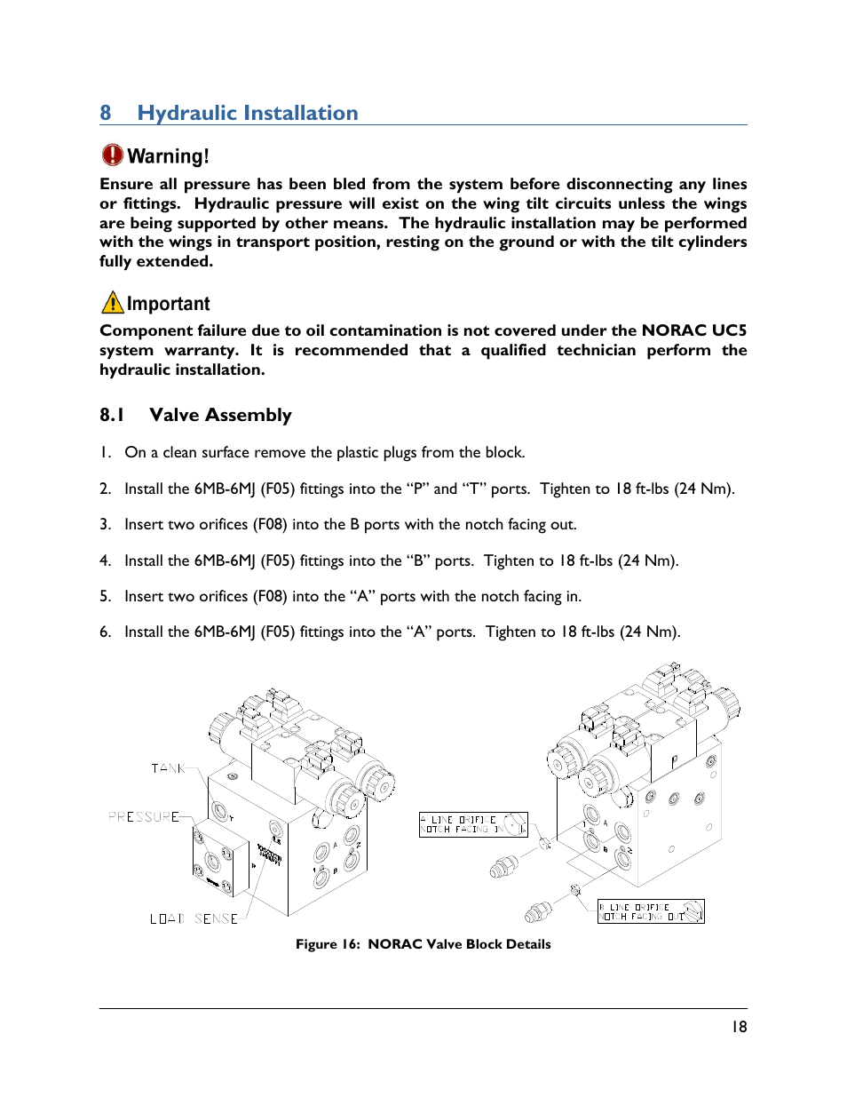 8 hydraulic installation, 1 valve assembly | NORAC UC5-BC-HG01 User Manual | Page 21 / 36