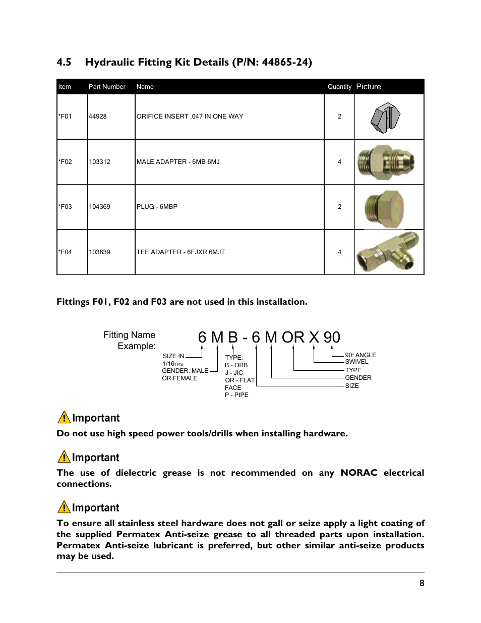 5 hydraulic fitting kit details (p/n: 44865-24), 6 m b - 6 m or x 90 | NORAC UC5-BC-HG02 User Manual | Page 11 / 37