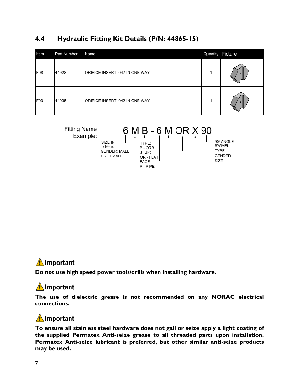 4 hydraulic fitting kit details (p/n: 44865-15), 6 m b - 6 m or x 90 | NORAC UC5-BC-HG04 User Manual | Page 10 / 35