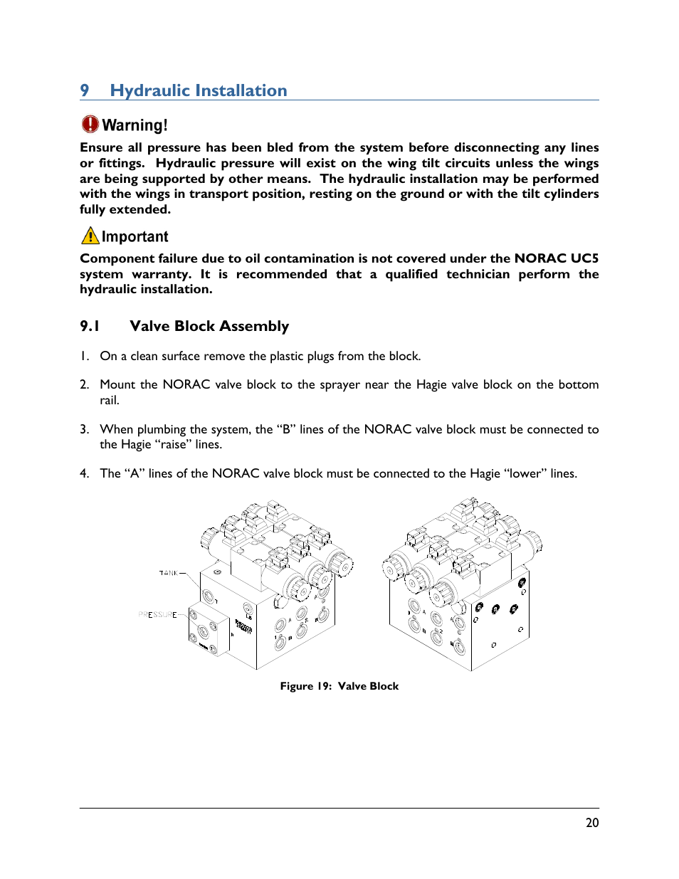 9 hydraulic installation, 1 valve block assembly | NORAC UC5-BC-HG06 User Manual | Page 23 / 35