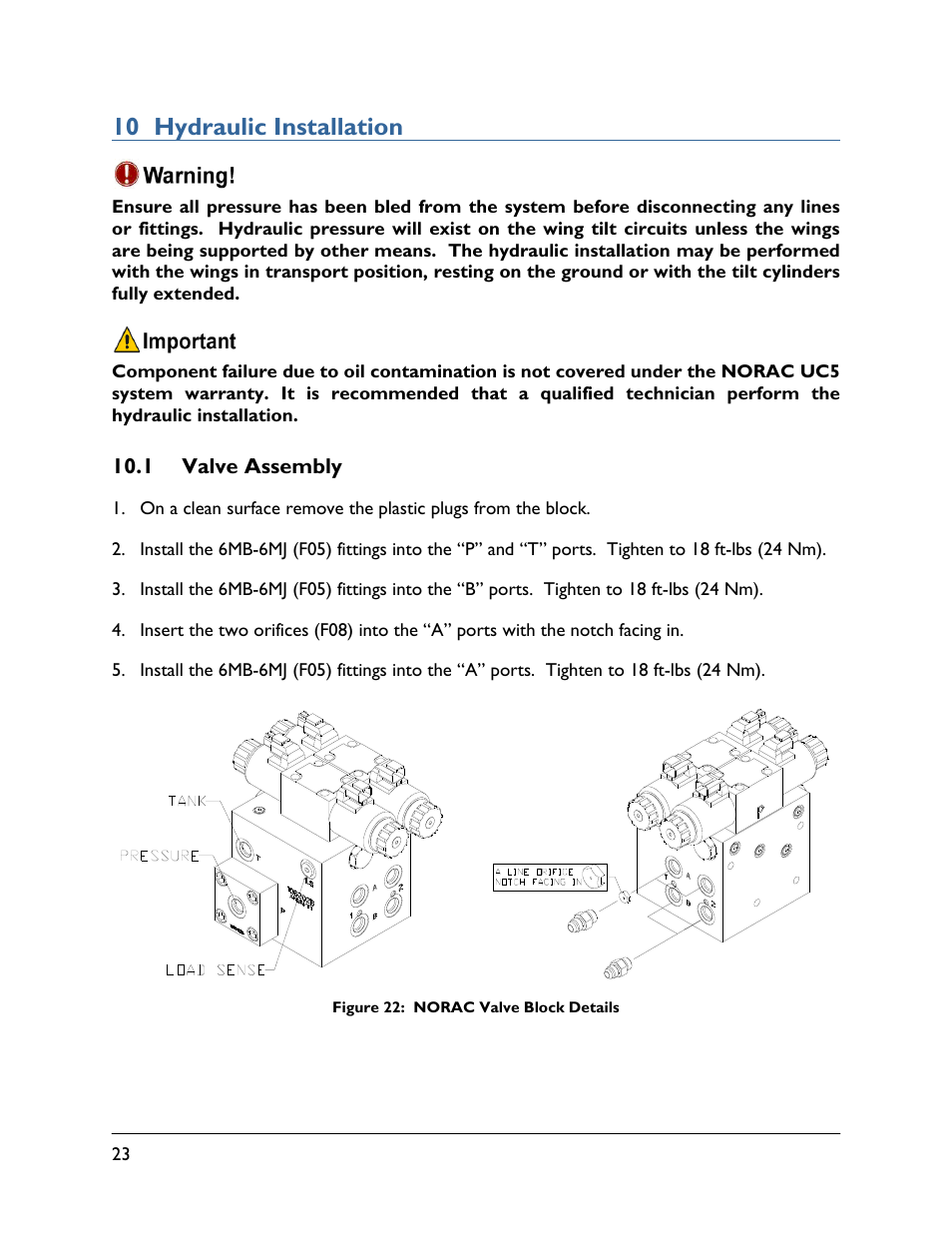 10 hydraulic installation, 1 valve assembly | NORAC UC5-BC-HG07 User Manual | Page 26 / 40