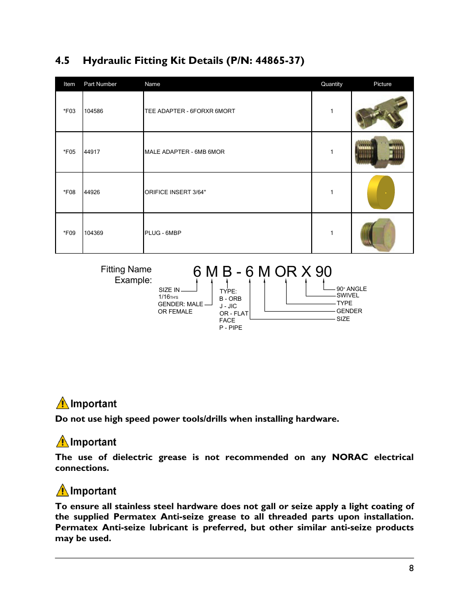 5 hydraulic fitting kit details (p/n: 44865-37), 6 m b - 6 m or x 90 | NORAC UC5-BC-KS01 User Manual | Page 11 / 44