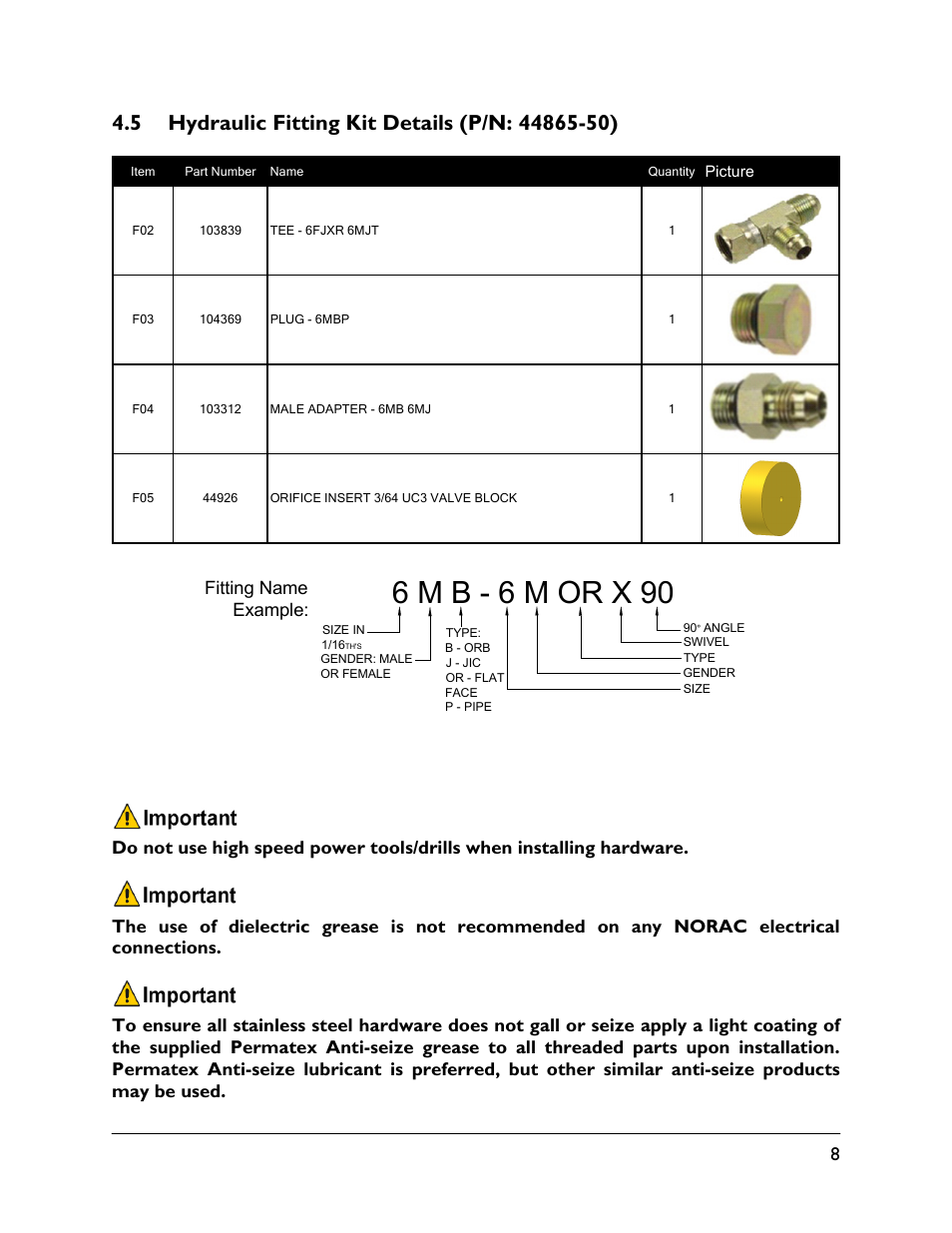 5 hydraulic fitting kit details (p/n: 44865-50), 6 m b - 6 m or x 90 | NORAC UC5-BC-SM04 User Manual | Page 11 / 35