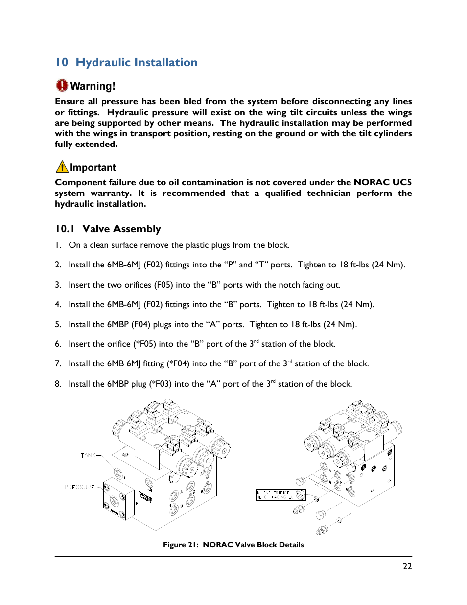 10 hydraulic installation, 1 valve assembly | NORAC UC5-BC-SM04 User Manual | Page 25 / 35