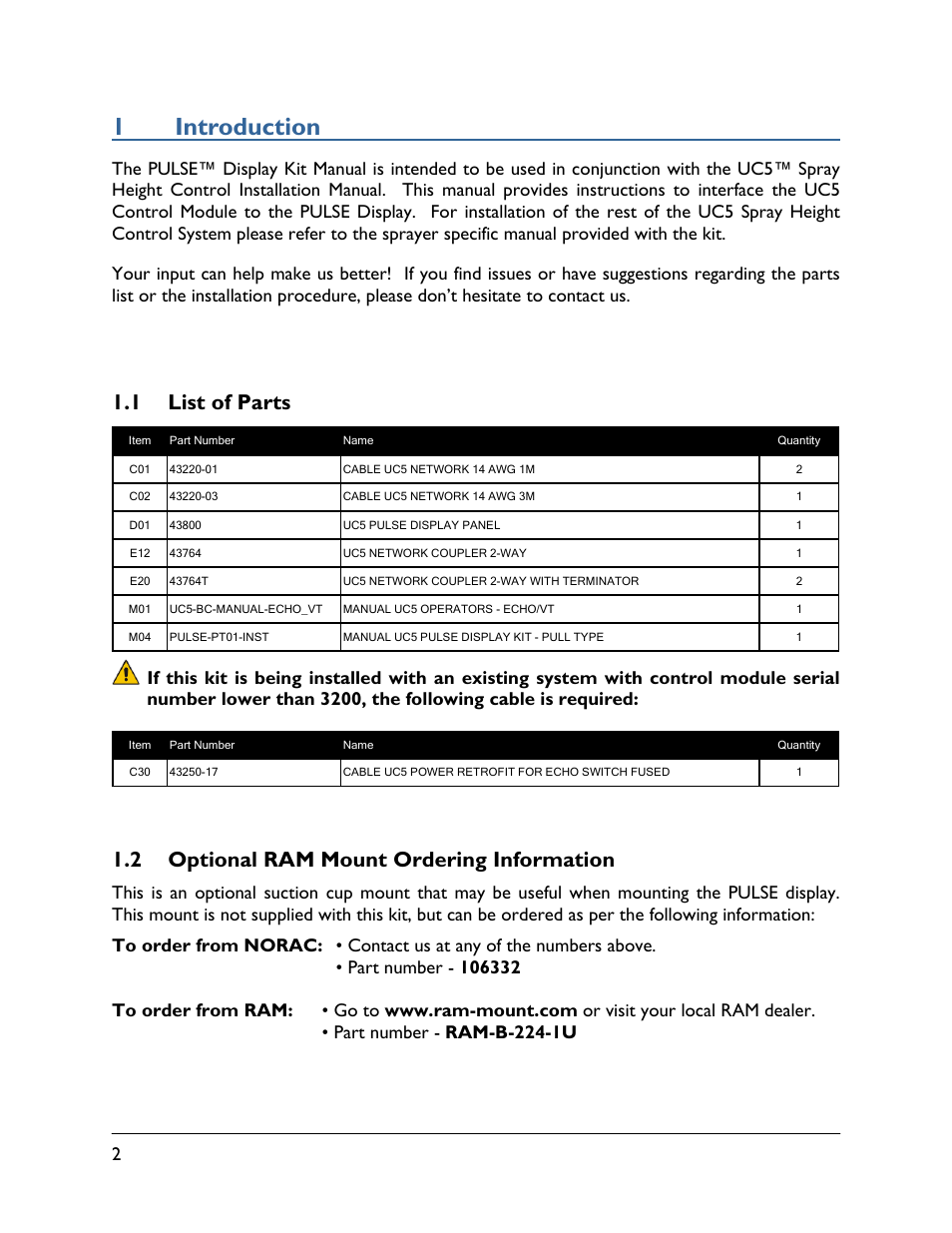 1 introduction, 1 list of parts, 2 optional ram mount ordering information | 1introduction | NORAC PULSE-PT01 User Manual | Page 4 / 9