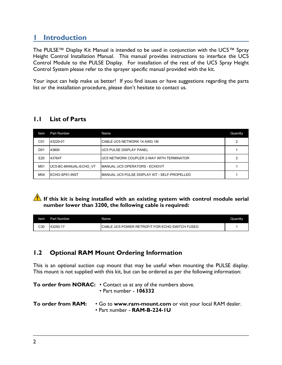 1 introduction, 1 list of parts, 2 optional ram mount ordering information | NORAC PULSE-SP01 User Manual | Page 4 / 8