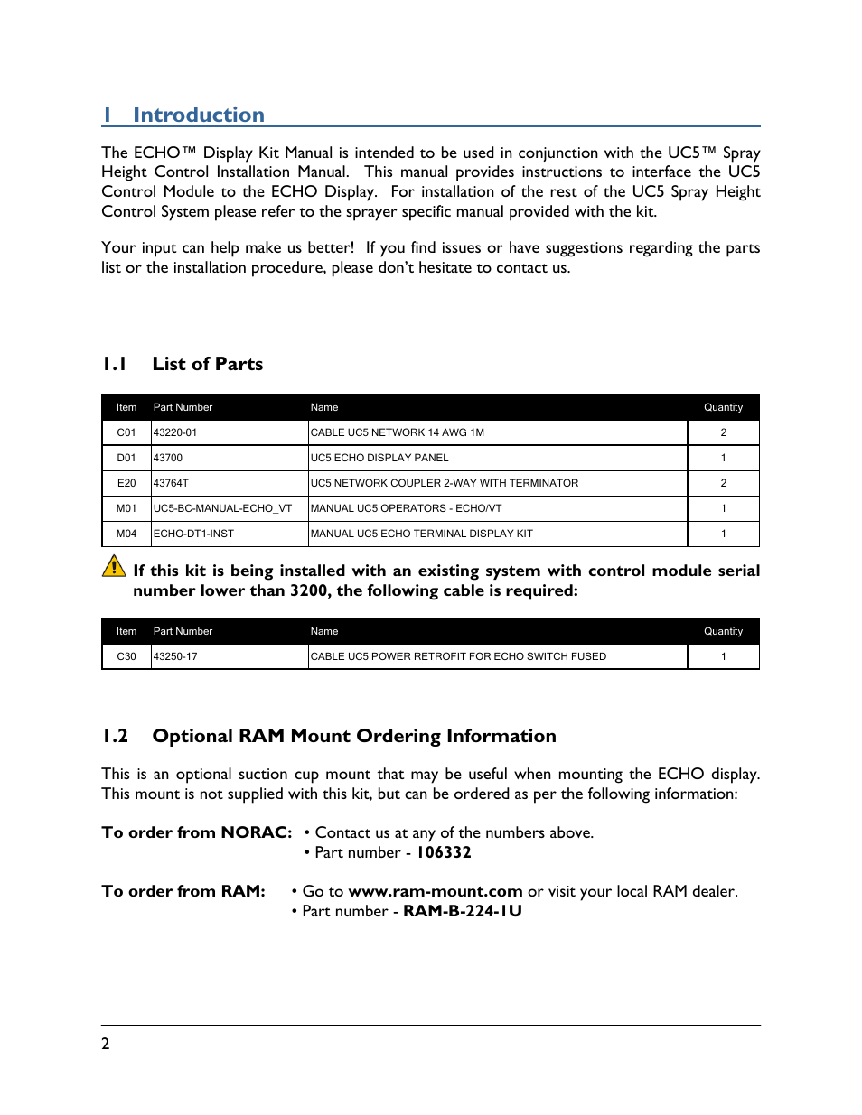 1 introduction, 1 list of parts, 2 optional ram mount ordering information | NORAC ECHO-DT1 User Manual | Page 4 / 8