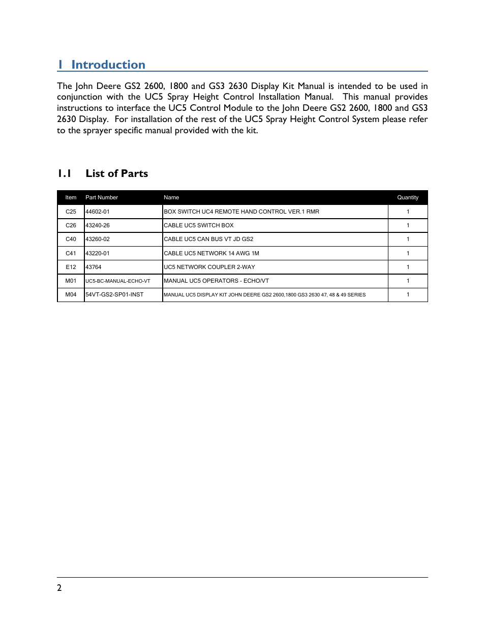 1 introduction, 1 list of parts | NORAC 54VT-GS2-SP01 User Manual | Page 4 / 12