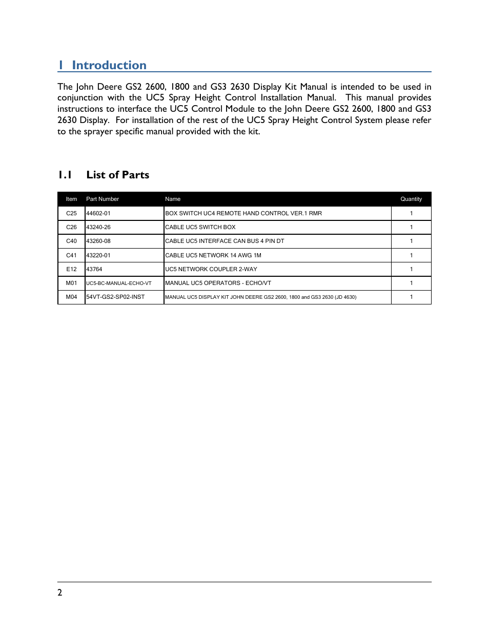 1 introduction, 1 list of parts | NORAC 54VT-GS2-SP02 User Manual | Page 4 / 12