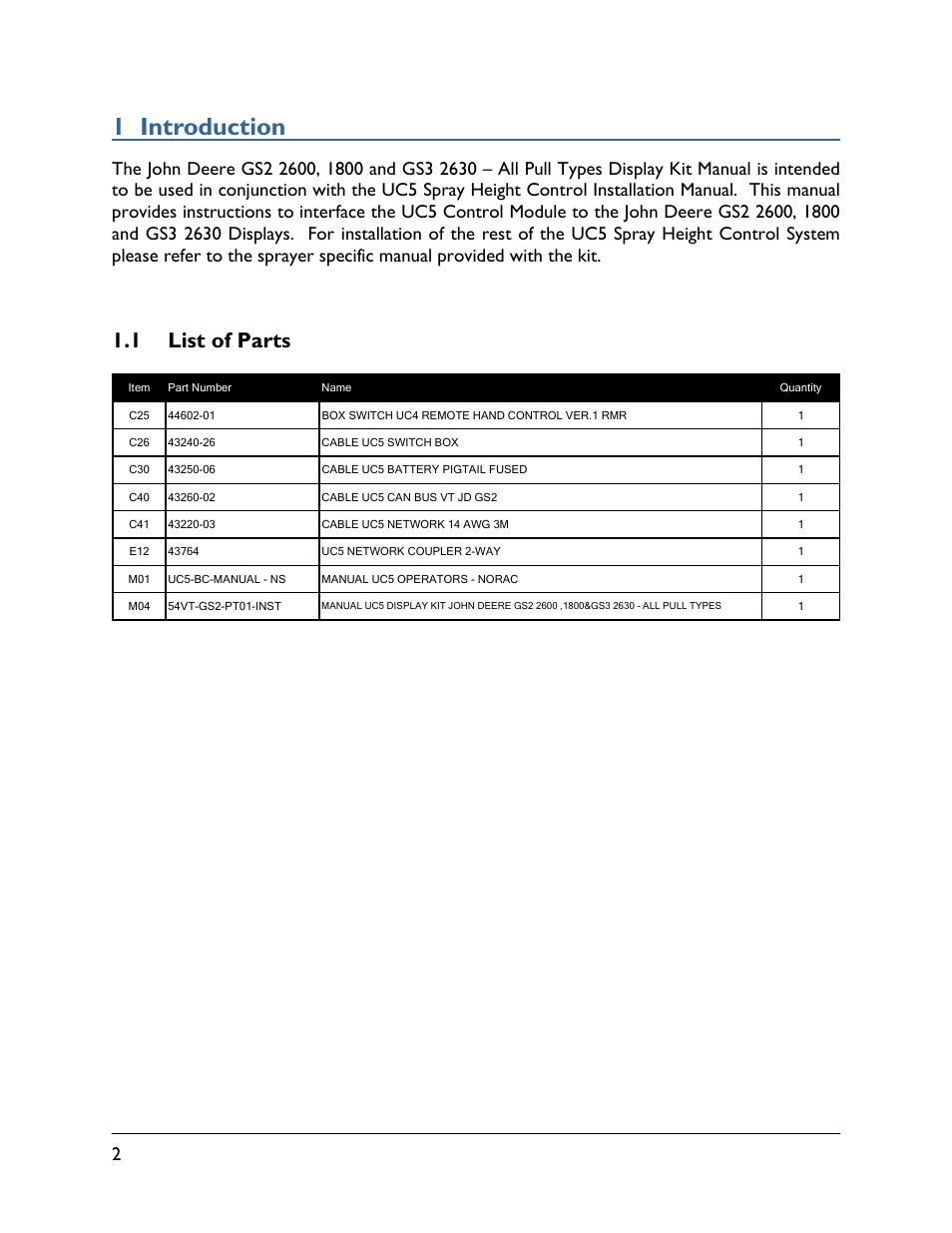 1 introduction, 1 list of parts | NORAC 54VT-GS2-PT01 User Manual | Page 4 / 13