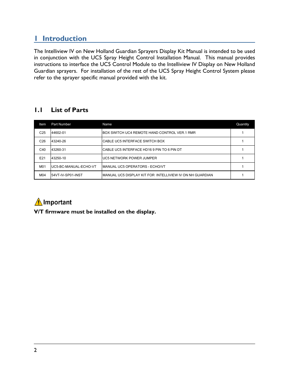 1 introduction, 1 list of parts, V/t firmware must be installed on the display | NORAC 54VT-IV-SP01 User Manual | Page 4 / 11