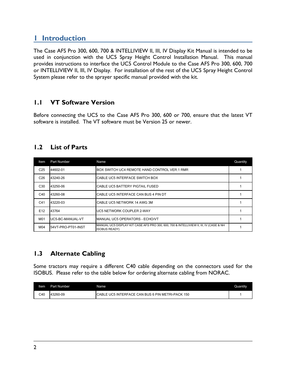1 introduction, 1 vt software version, 2 list of parts | 3 alternate cabling | NORAC 54VT-PRO-PT01 User Manual | Page 4 / 14