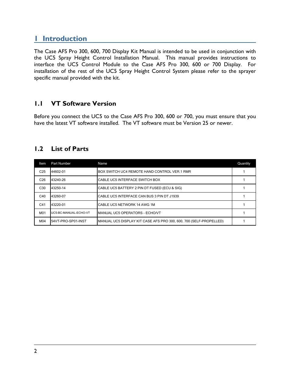 1 introduction, 1 vt software version, 2 list of parts | NORAC 54VT-PRO-SP01 User Manual | Page 4 / 14