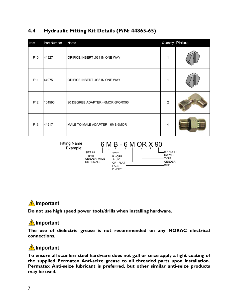 4 hydraulic fitting kit details (p/n: 44865-65), 6 m b - 6 m or x 90 | NORAC 5467BC-4B-JD10 User Manual | Page 10 / 23