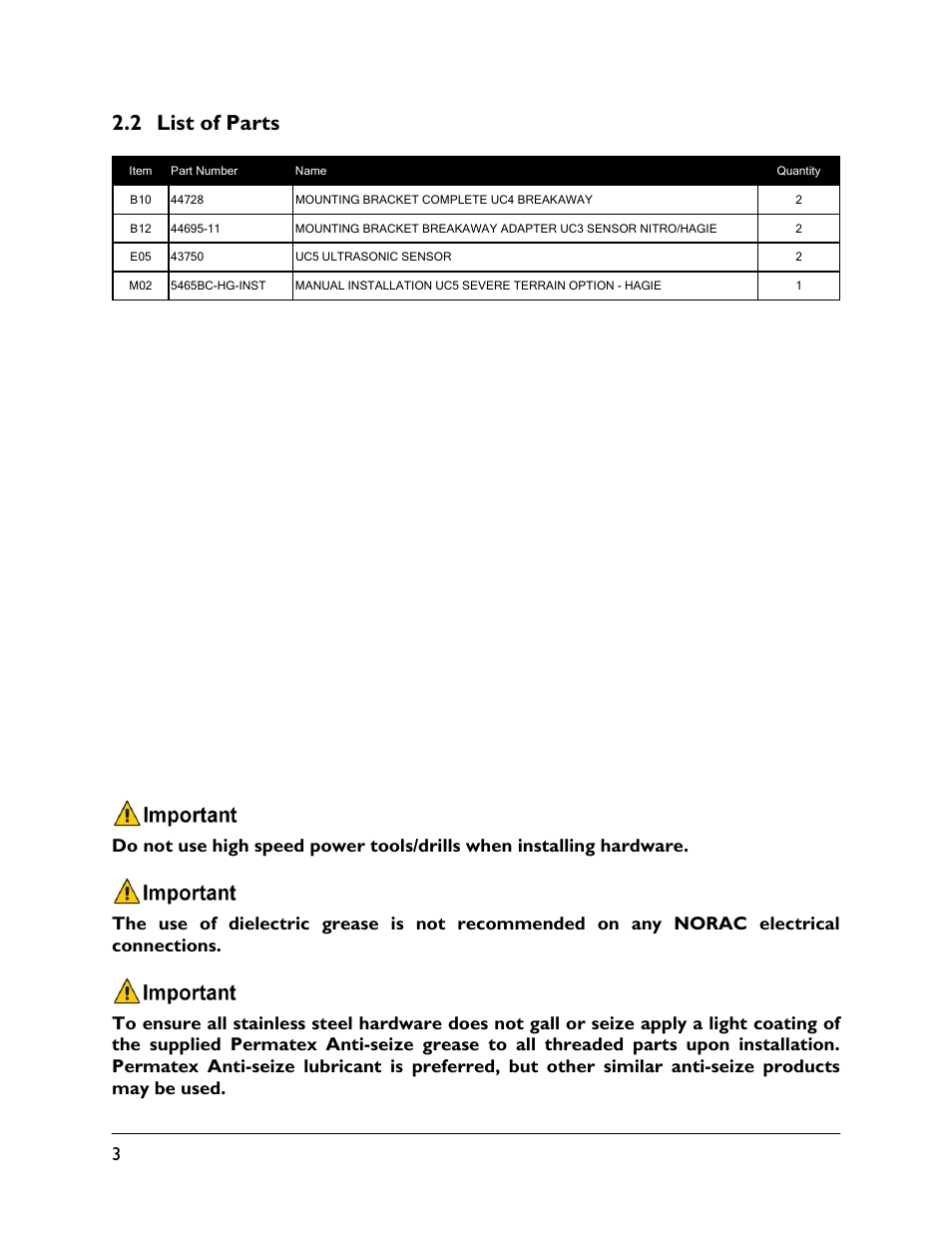 2 list of parts | NORAC 5465BC-HG User Manual | Page 6 / 12