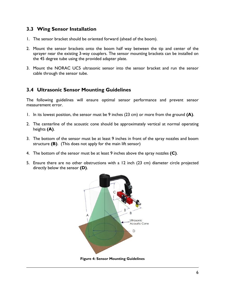 3 wing sensor installation, 4 ultrasonic sensor mounting guidelines | NORAC 5465BC-HG User Manual | Page 9 / 12