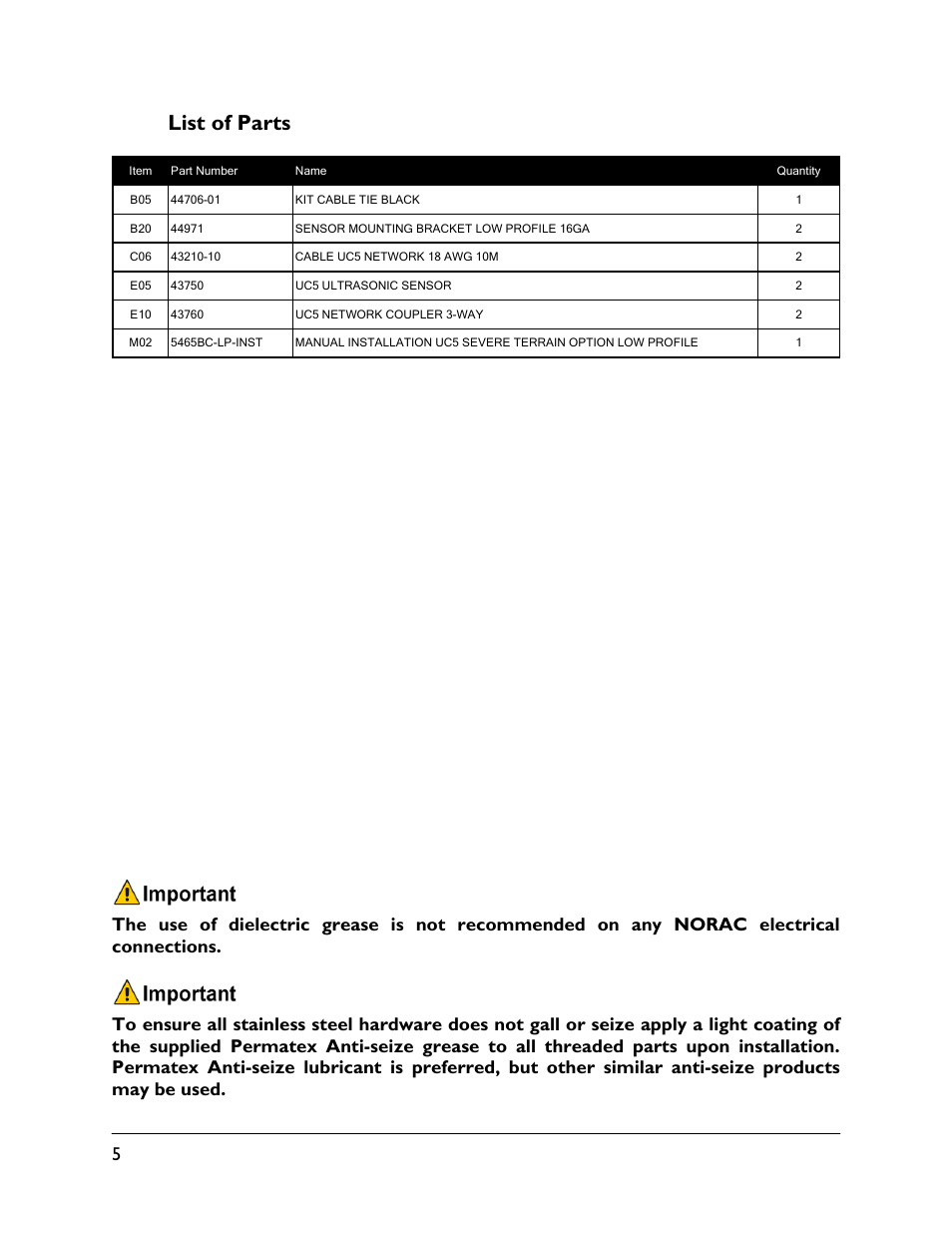 2 list of parts | NORAC 5465BC-JD-LP User Manual | Page 8 / 17