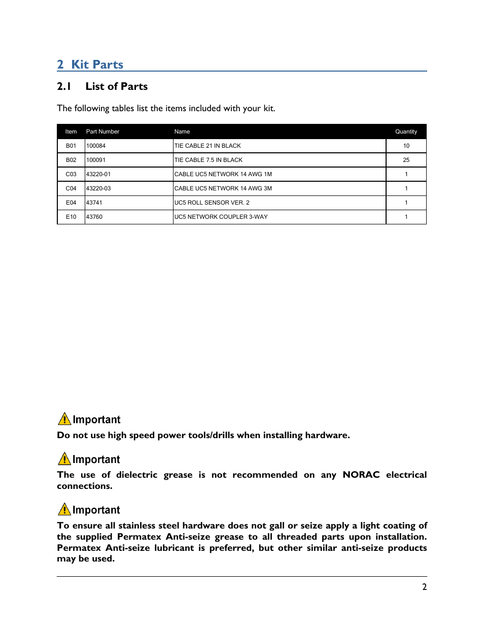 2 kit parts, 1 list of parts | NORAC 5468BC User Manual | Page 5 / 11