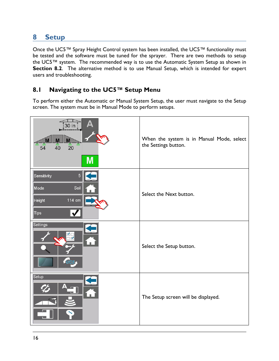 8 setup, 1 navigating to the uc5™ setup menu | NORAC UC5-BC-ECHO-VT User Manual | Page 20 / 55