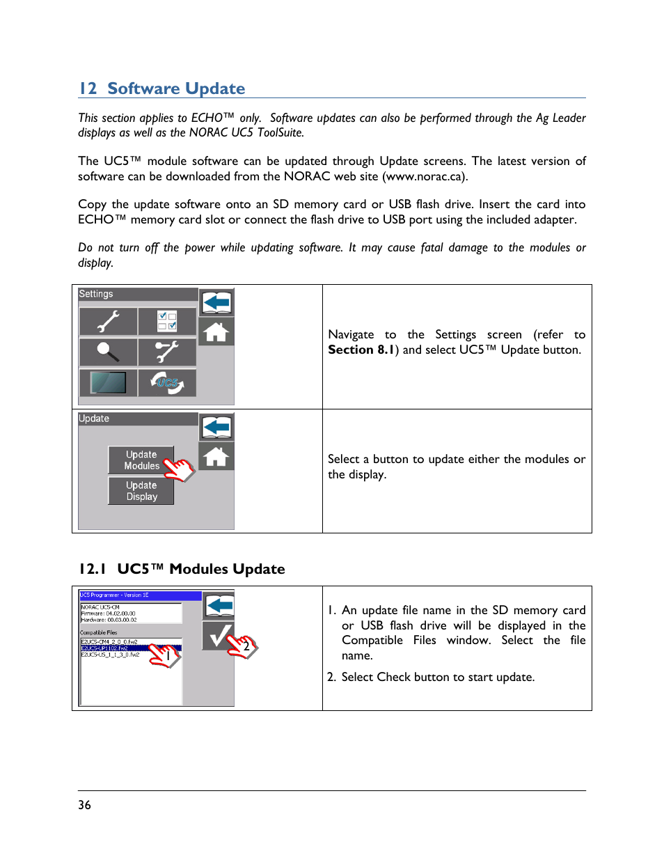 12 software update, 1 uc5™ modules update | NORAC UC5-BC-ECHO-VT User Manual | Page 40 / 55