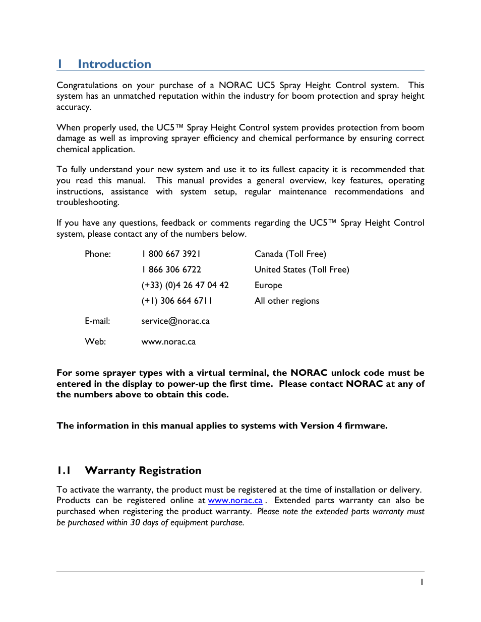 1 introduction, 1 warranty registration | NORAC UC5-BC-ECHO-VT User Manual | Page 5 / 55