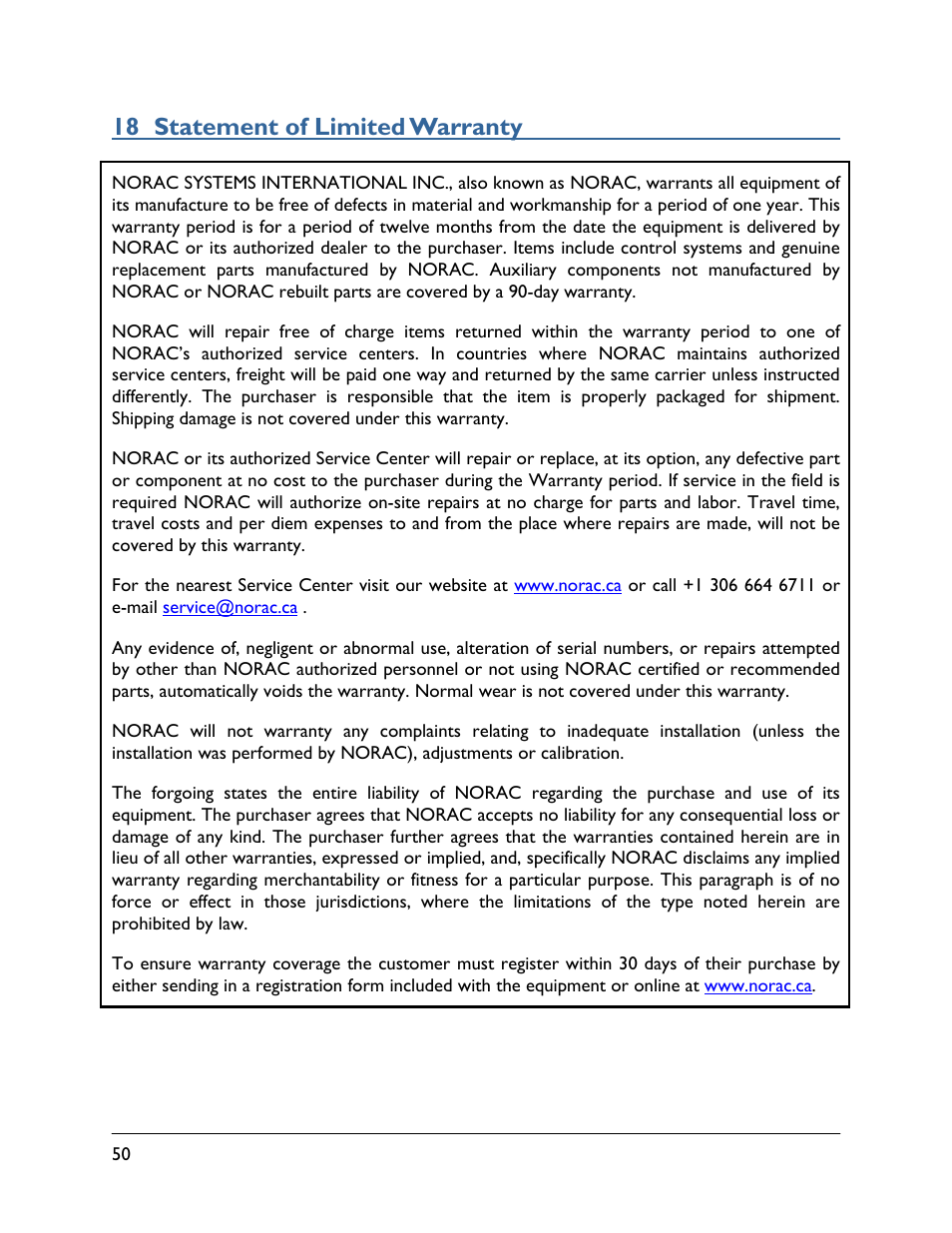 18 statement of limited warranty | NORAC UC5-BC-ECHO-VT User Manual | Page 54 / 55