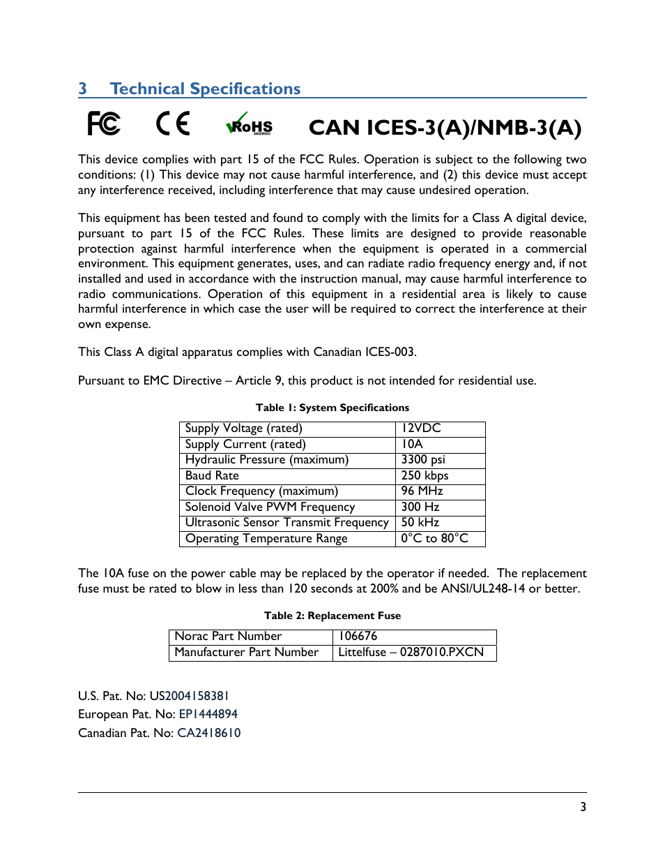 3 technical specifications, Can ices-3(a)/nmb-3(a) | NORAC UC5-BC-ECHO-VT User Manual | Page 7 / 55